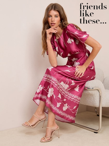 Ягода Червона квіткова - Friends Like These Print Satin Puff Sleeve Scoop Neck Midi Dress (F47927) | 3 545 грн