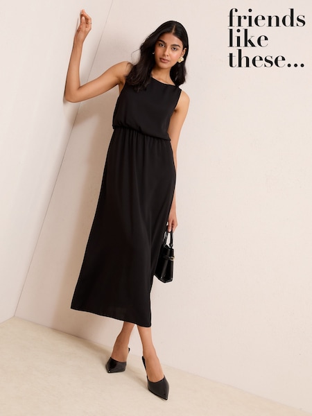 Friends Like These Black Chiffon Sleeveless Blouson Midi Dress (F47934) | €53