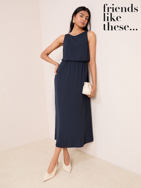 Friends Like These Navy Blue Chiffon Sleeveless Blouson Midi Dress (F47936) | €53