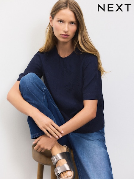 Navy Short Sleeve Leaf Jacquard Satin Boxy T-Shirt (F47950) | R$ 210