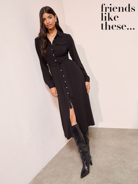 Friends Like These Black Petite Long Sleeve Button Through Collar Midi Shirt Dress (F47966) | €68