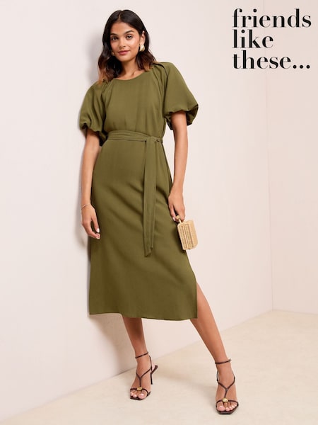 Friends Like These Khaki Green Petite Puff Sleeve Raglan Tie Waist Belt Midi Dress (F47970) | €58