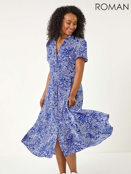 Roman Blue Petite Abstract Print Button Shirt Dress (F48075) | €69