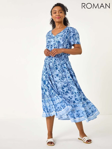 Roman Blue Petite Floral Print Border Midi Dress (F48080) | R$ 665