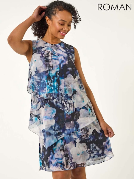 Roman Blue Petite Floral Print Tiered Dress (F48085) | R$ 725
