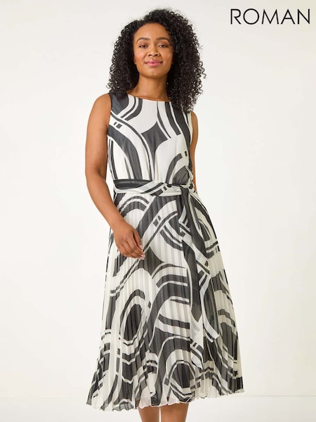 Musta - Roman Petite Print Tie Waist Pleated Dress (F48105) | €110