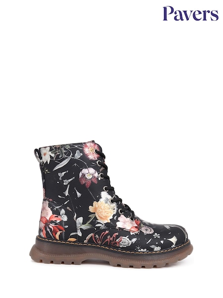 Pavers Black Lace Up Floral Boots (F48108) | €58