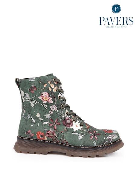 Pavers Green Lace Up Floral Boots (F48181) | €58