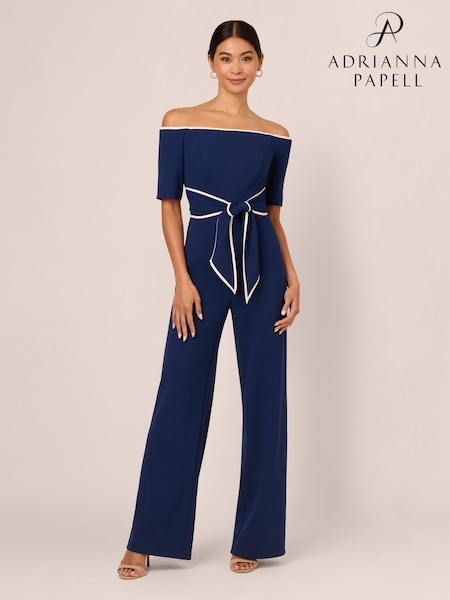 Adrianna Papell Blue Knit Crepe Tie Jumpsuit (F48193) | ‏900‏₪