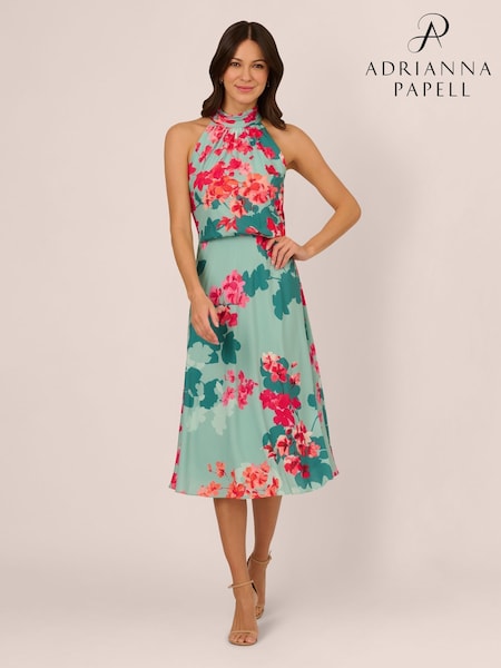 Adrianna Papell Green Halter Printed Midi Dress (F48196) | R3,498