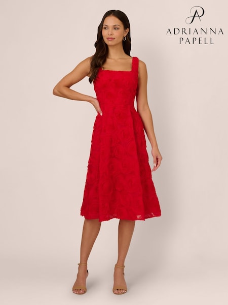 Adrianna Papell Red Soutache Rosette Midi Dress (F48200) | ₪1,252