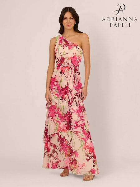 Adrianna Papell Pink One Shoulder Tiered Gown (F48201) | €313