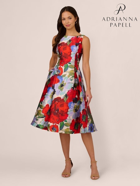 Adrianna Papell Red Floral Mikado Midi Dress (F48204) | ₪900
