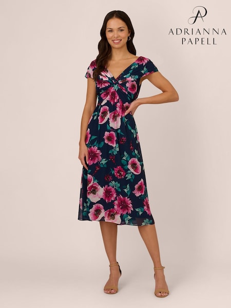Adrianna Papell Blue Printed Front Twist Midi Dress (F48207) | ₪850