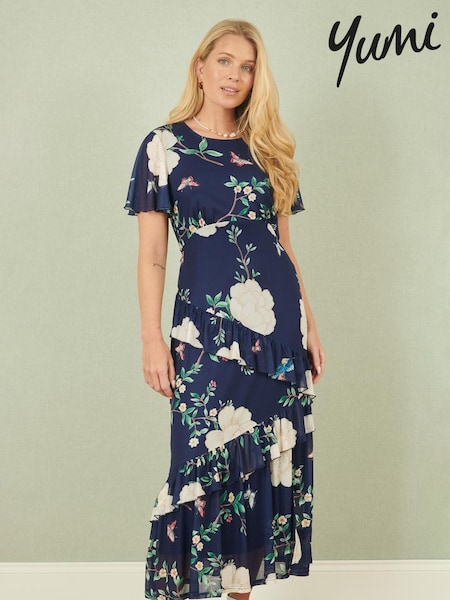 Синий - Yumi Mesh Bird And Floral Print Midi Dress With Ruffles (F48251) | €93