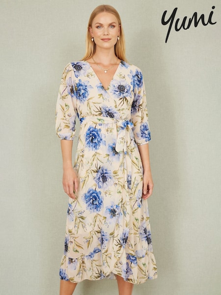 Yumi Cream Vintage Floral Wrap Midi Dress With Frill (F48255) | 322 QAR
