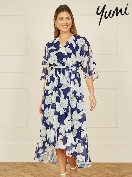 Sininen - Yumi Mesh Bird And Floral Print Midi Dress With Ruffles (F48258) | €95