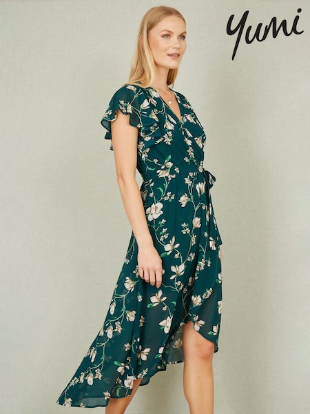 Yumi Green Floral Wrap Midi Dress With Frill Hem (F48262) | R$ 590