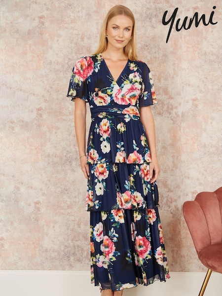 Синий - Yumi Floral Mesh Tiered Maxi Dress (F48264) | €106