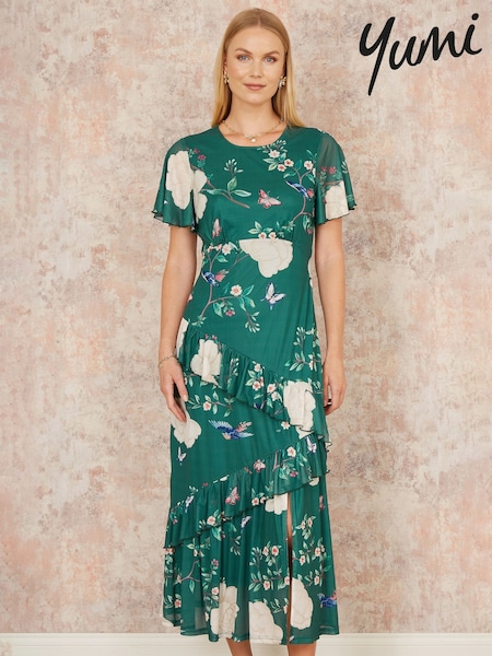 Зеленый - Yumi Mesh Bird And Floral Print Midi Dress With Ruffles (F48265) | €93