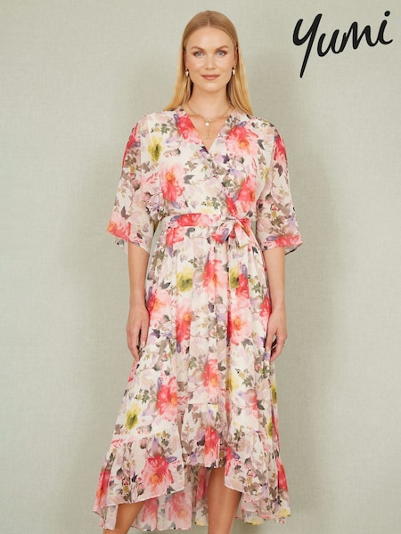 Yumi Cream Vintage Floral Wrap Midi Dress With Frill (F48266) | 371 QAR