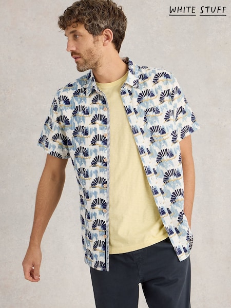 White Stuff Blue Fan Short Sleeve Printed 100% Cotton Shirt (F48287) | R$ 445