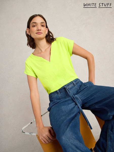 White Stuff Yellow Nelly Notch Neck 100% Cotton T-Shirt (F48313) | kr394