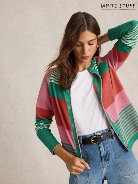 White Stuff Pink Lulu Stripe 100% Cotton Cardigan (F48326) | $113