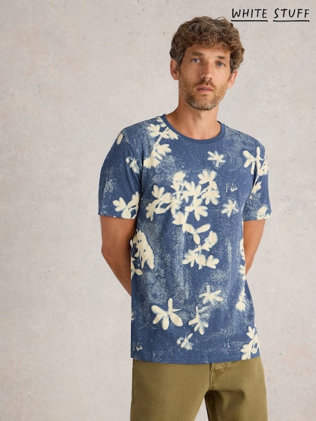White Stuff Blue Floral Printed Short Sleeve 100% Cotton T-Shirt (F48334) | $51
