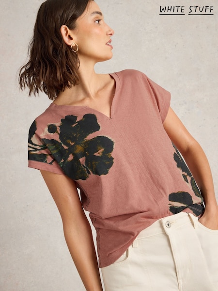 ורוד - White Stuff Nelly Notch Neck 100% Cotton T-shirt (F48352) | ‏169‏₪
