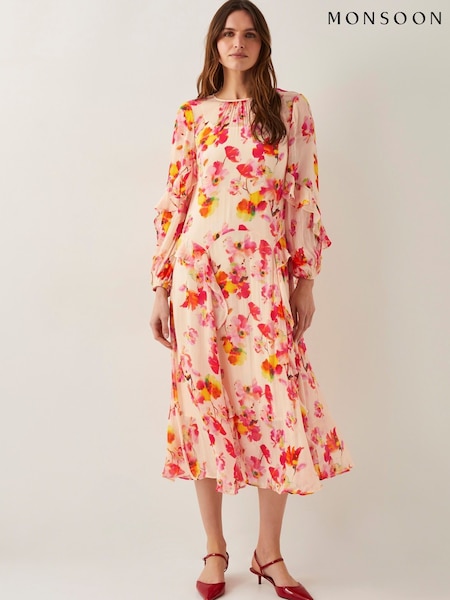 Monsoon Vanna Frill Floral Print Midi Dress (F48366) | ‏704‏₪