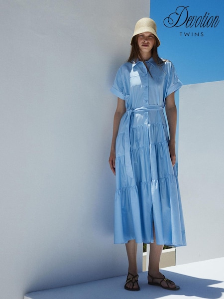 Devotion Twins Blue Ear 100% Cotton Poplin Maxi Shirt Dress (F48575) | €318