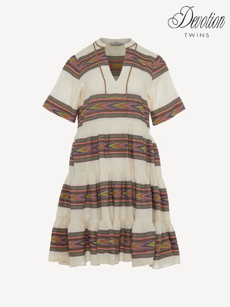 Devotion Twins Cream Harmonia Chevron Stripe 100% Cotton Mini Dress (F48577) | €358