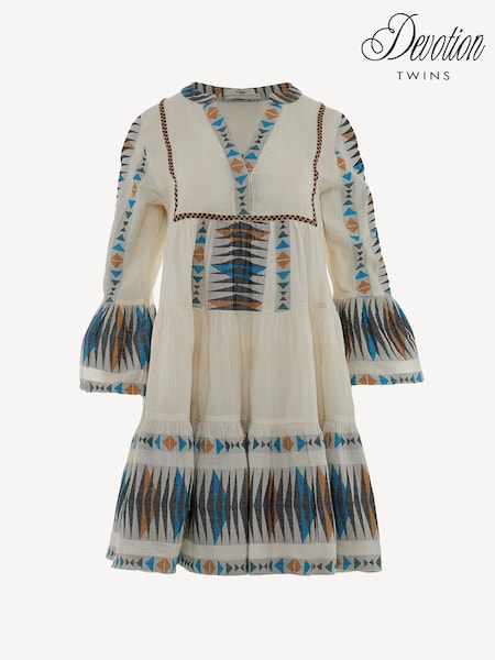 Devotion Twins Cream Paradise Embroidered Stripe 100% Cotton Short Dress (F48579) | €318