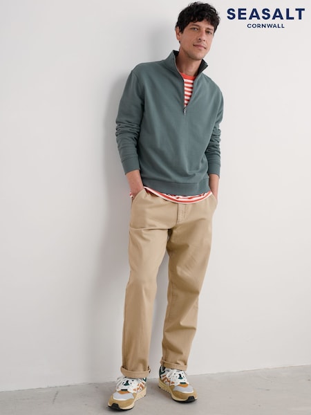 Seasalt Cornwall Grey Mens Wood Moss Quarter Zip 100% Cotton Sweatshirt (F48645) | AED349