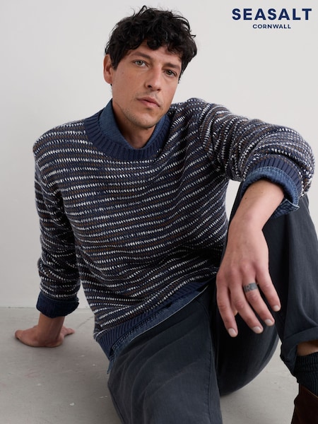 Seasalt Cornwall Blue Mens Fellwalker 100% Cotton Knitted Jumper (F48690) | €135