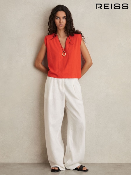 צבע אלמוג - Reiss Dixie Shoulder-pad 100% Cotton V-neck Top (F48715) | ‏255‏₪