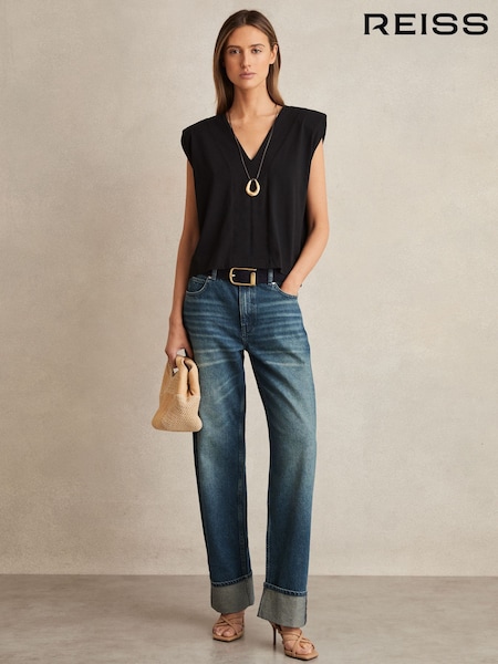 Reiss Black Dixie Shoulder-Pad 100% Cotton V-Neck Top (F48716) | €51