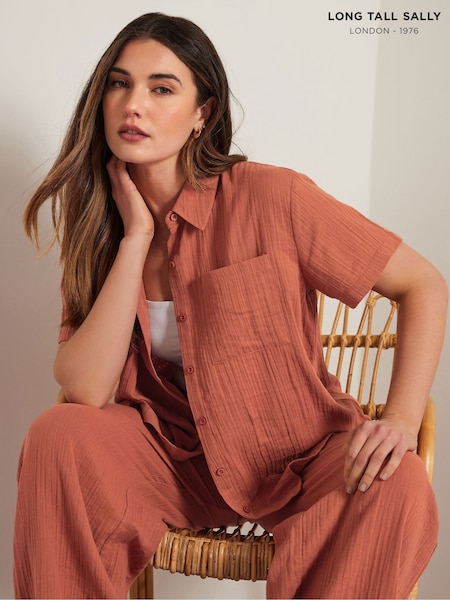 כתום - Long Tall Sally Cheesecloth Short Sleeve 100% Cotton Shirt (F48734) | ‏131‏₪