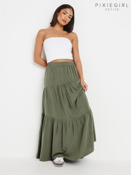 ירוק - PixieGirl Petite Acid Wash Asymetric Tiered Maxi Skirt (F48743) | ‏156‏₪