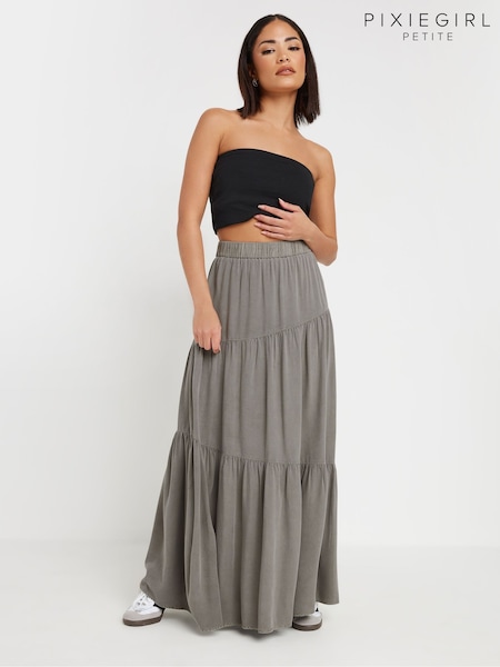 אפור - PixieGirl Petite Acid Wash Asymetric Tiered Maxi Skirt (F48751) | ‏156‏₪