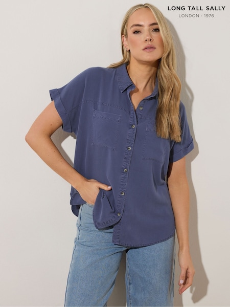 Long Tall Sally Blue Acid Wash Pocket Shirt (F48756) | $45