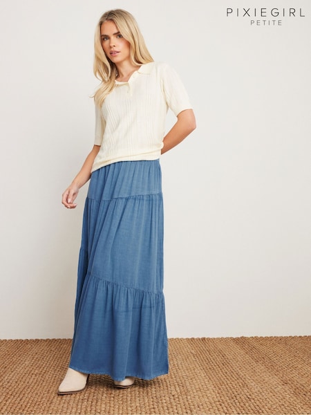 כחול  - PixieGirl Petite Acid Wash Asymetric Tiered Maxi Skirt (F48757) | ‏156‏₪