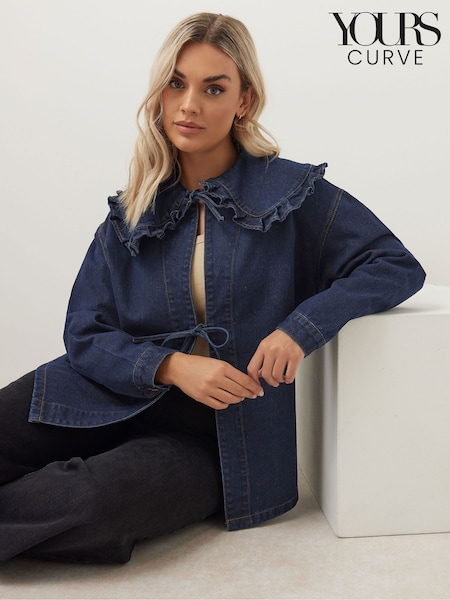 Yours Curve Blue Frilled Collar 100% Cotton Shacket With Tie (F48760) | €60