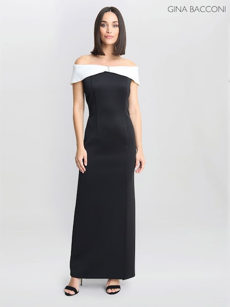 Gina Bacconi Sadie Off The Shoulder Maxi Black Dress With Trim (F48792) | ₪1,001