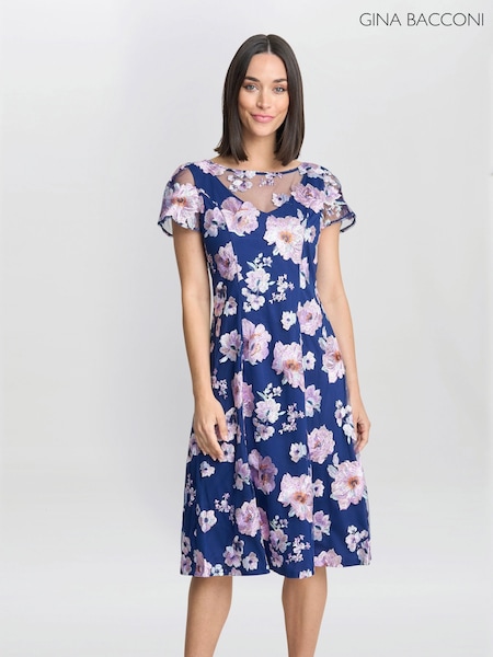Gina Bacconi Blue Mylene Embroidered Floral A-Line Midi Dress (F48794) | 1,787 LEI