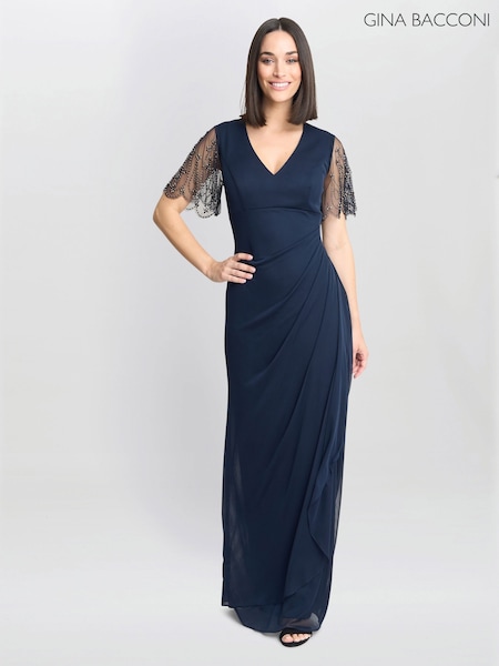 Gina Bacconi Blue Josephine V-Neck Maxi Dress With Embellished Sleeve (F48800) | €358