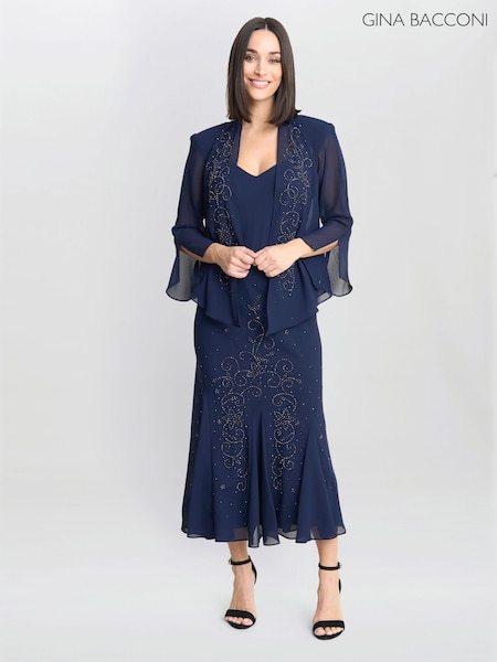 Gina Bacconi Blue Lorna Beaded Chiffon Dress And Jacket Set (F48806) | €384