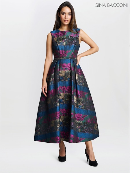 Gina Bacconi Blue Jerri Jacquard Full Skirt Dress (F48810) | €614