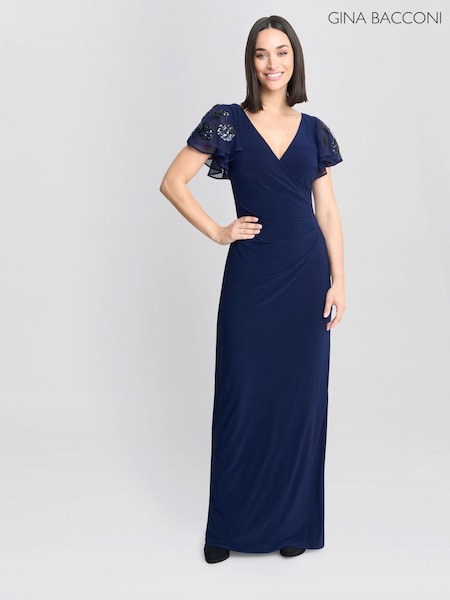 Gina Bacconi Blue Nicolette Jersey V-Neck Maxi Dress With Sequin Sleeve (F48814) | 1,386 QAR